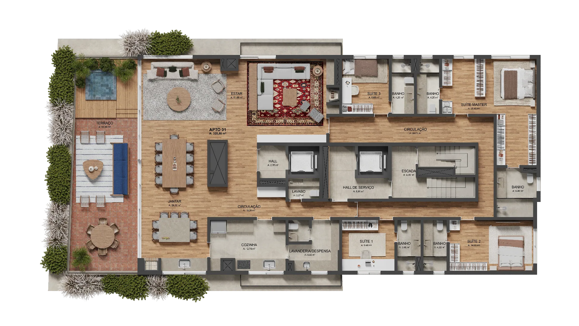 Planta baixa Nuances Bordini 668 — Cobertura 326 326 m² (COBERTURA — SACADA FRONTAL — 3 SUÍTES COM 326 M²)